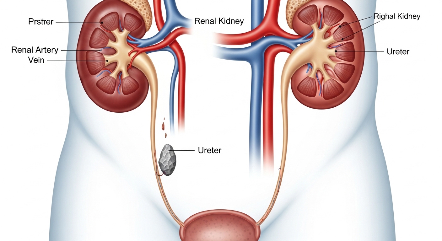 남성 요로계와 왼쪽 요관에 위치한 신장 결석을 보여주는 의료 일러스트.
