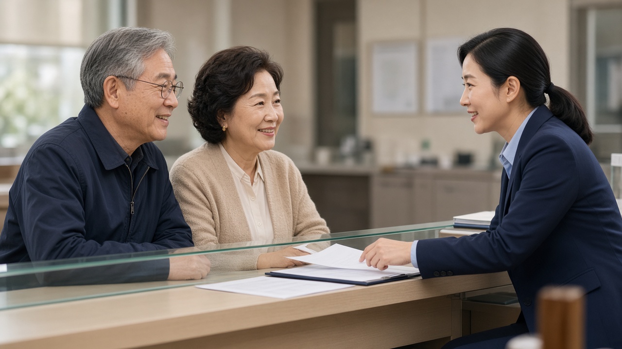 세무서 민원 창구에서 직원의 안내를 받는 60대 한국인 부부