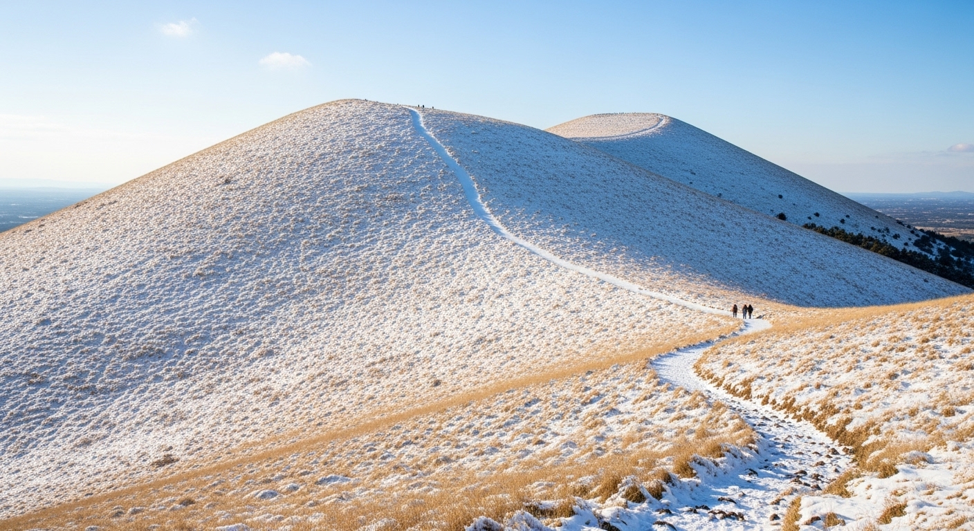 눈 내린 겨울 새별오름의 광활하고 고요한 초원 풍경