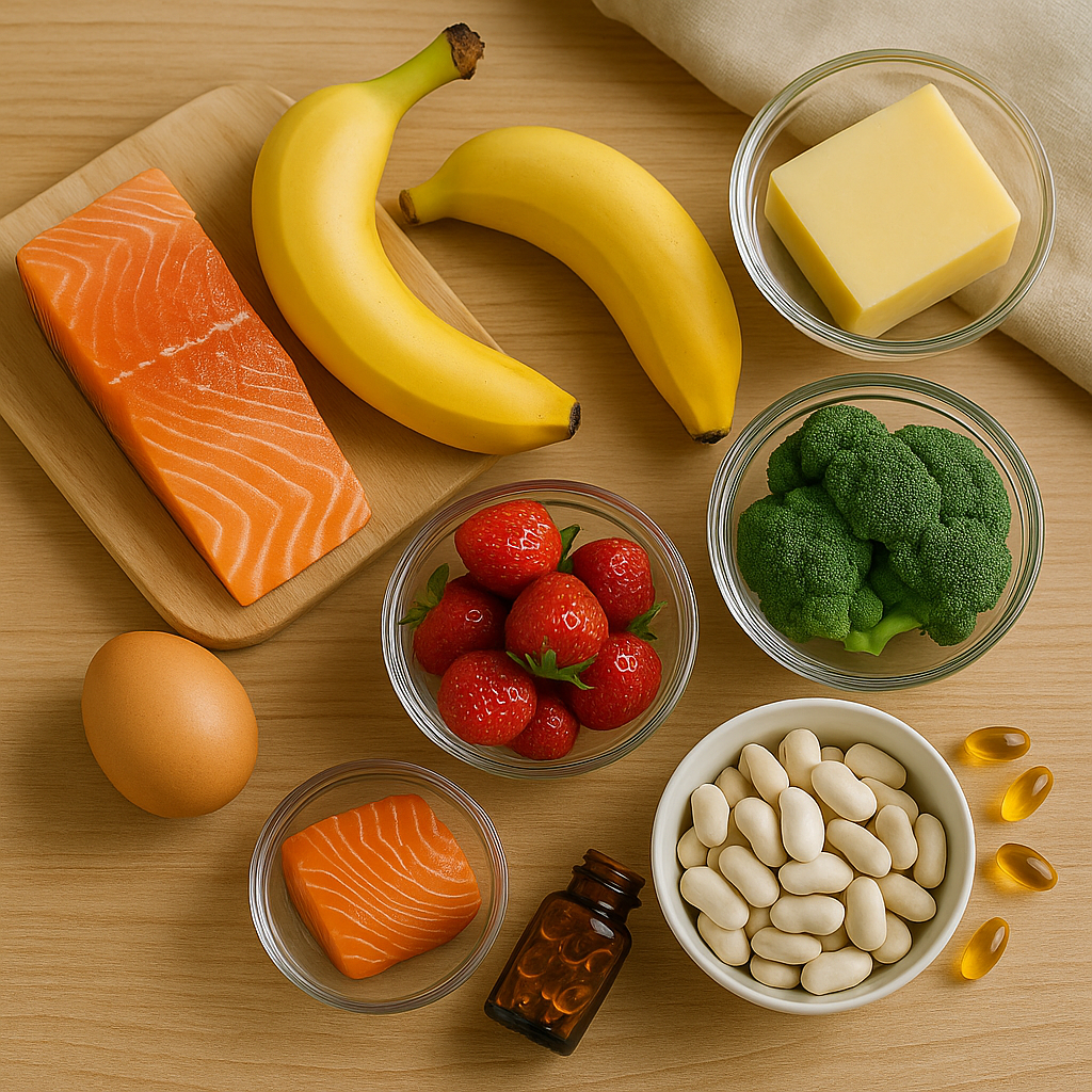 연어, 바나나, 딸기, 브로콜리, 치즈, 계란, 콩, 비타민 보충제 등 영양식품이 담긴 테이블