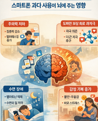 스마트폰 과다 사용이 주의력, 도파민 보상 회로 등에 미치는 영향을 설명하는 이미지