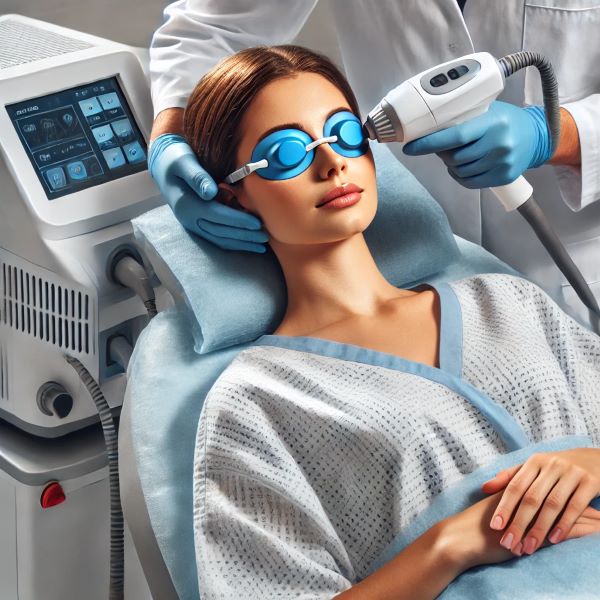 안과 진료실에서 여성 환자가 안구건조증 치료를 위해 IPL 레이저를 눈 아래에 받고 있는 모습.