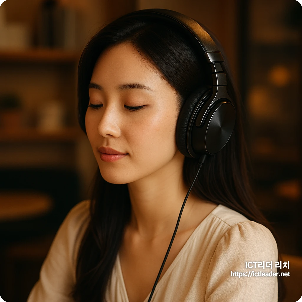 음악에 몰입한 20대 여성의 자연스럽고 따뜻한 고급 썸네일 이미지