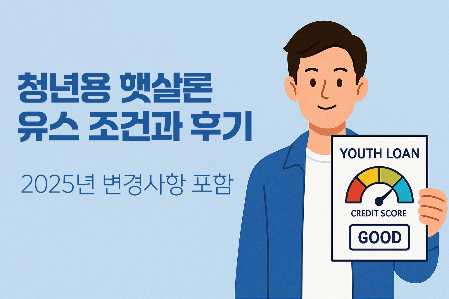 청년용 햇살론 유스 조건과 후기 – 2025년 변경사항 포함 - 연한 파란 배경에 왼쪽은 안내 텍스트, 오른쪽에는 'YOUTH LOAN'과 신용 점수표가 있는 문서를 든 청년 일러스트가 포함된 정보 이미지