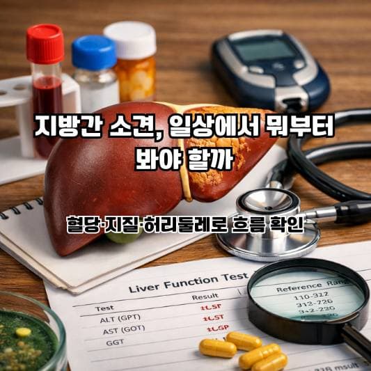 지방간 소견을 생활과 연결해 해석하되 결론을 서두르지 않는 40~60대의 일상 장면