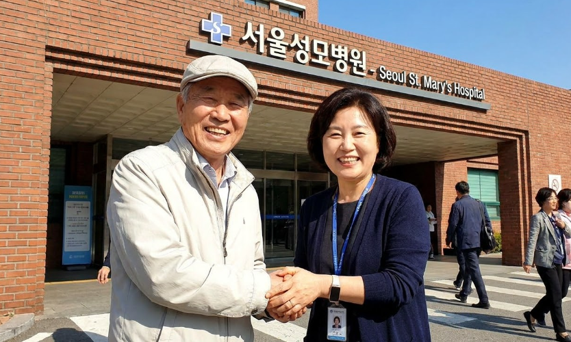 병원에서 치료를 무사히 마치고 전담 사회복지사와 따뜻하게 인사를 나누는 모습