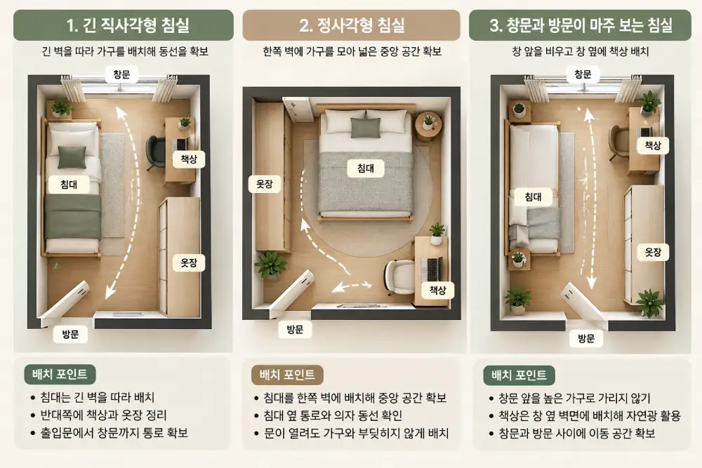 긴 직사각형, 정사각형, 창문과 방문이 마주 보는 작은 침실의 가구 배치 평면도. 세 가지 구조별로 침대&middot;옷장&middot;책상의 위치와 이동 동선을 비교한 인테리어 안내 이미지.