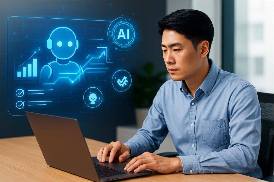 AI 홀로그램과 함께 자료를 검토하는 직장인의 협업 장면