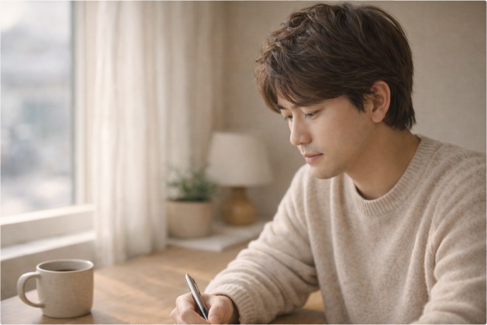 창가에 앉아 조용히 생각에 잠긴 모습