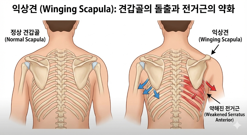 날개뼈 튀어나옴, 등 통증, 옷 핏이 안 삼, 푸쉬업 할 때 날개뼈