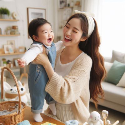 엄마와 아기가 행복하게 놀이하고 있다.