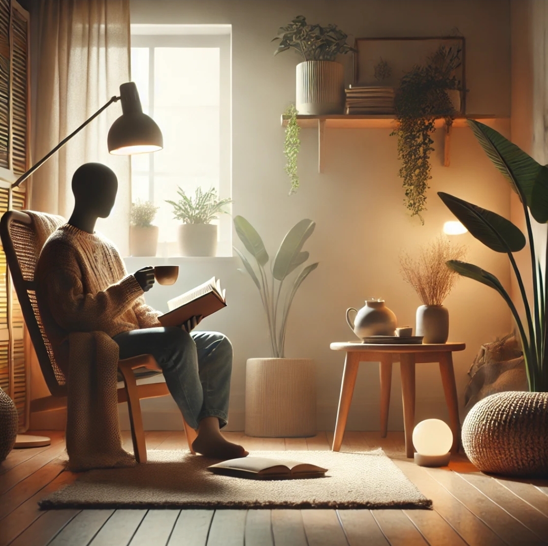 편안한 공간에서 전자기기 없이 차를 마시며 책을 읽는 모습