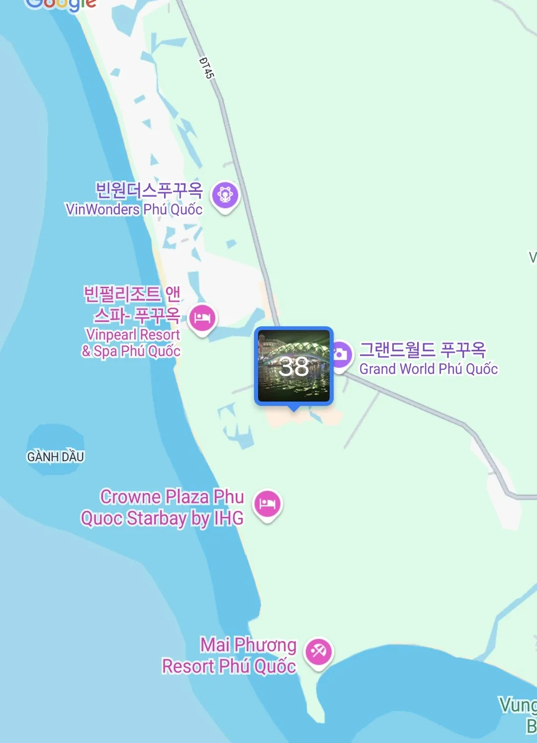 푸꾸옥 북부 지역 지도. Grand World Phú Quốc와 주변 리조트