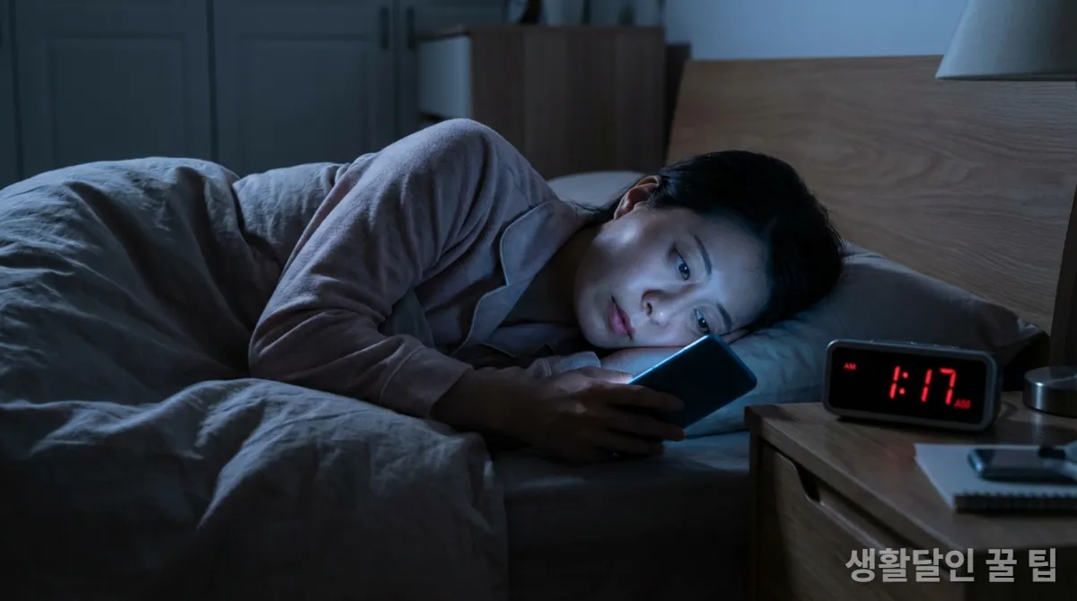 밤늦게 스마트폰을 사용하며 수면 부족을 겪는 한국 여성