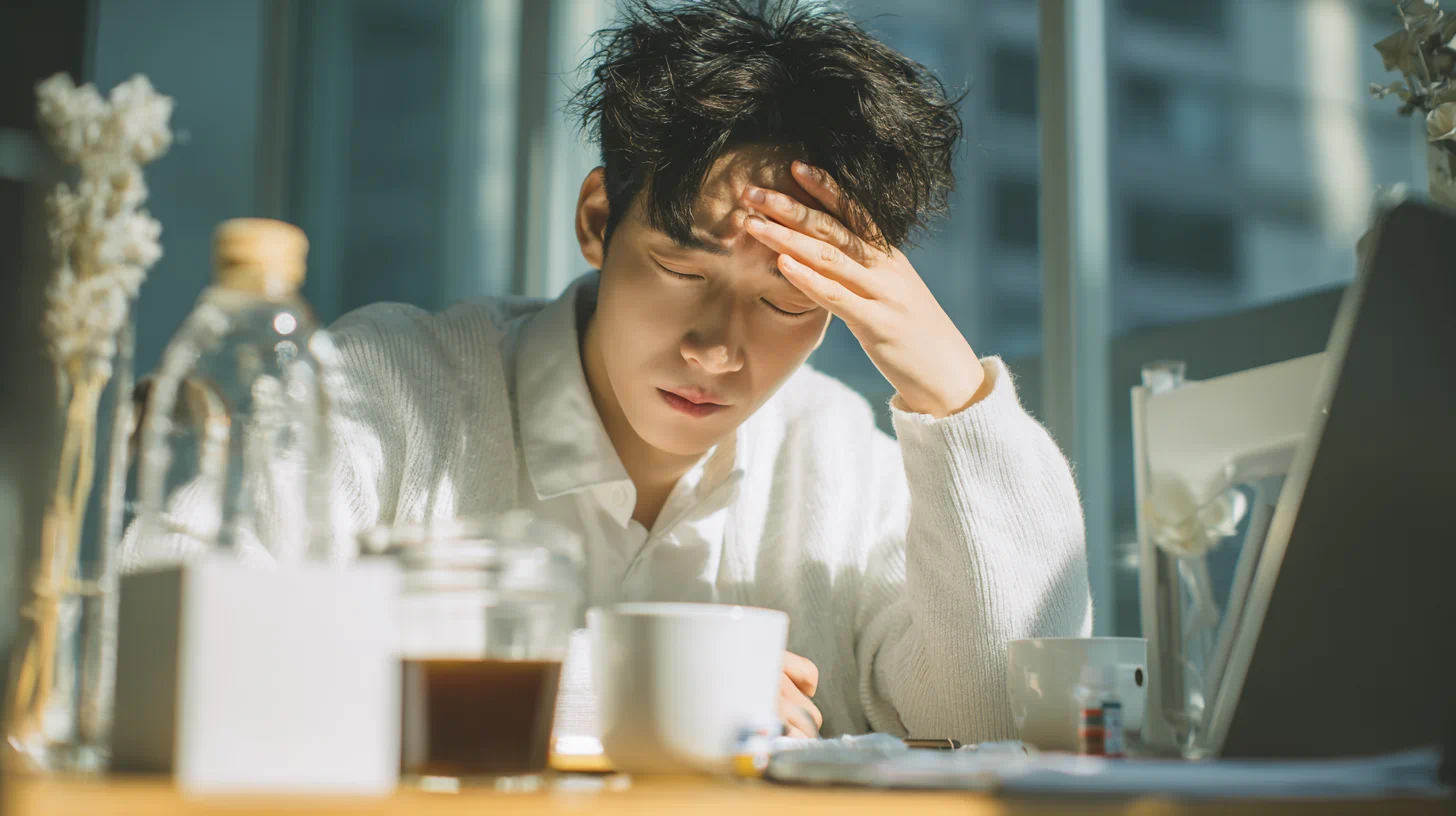 두통으로 불편해하는 성인, 책상 위 커피와 약이 함께 놓여 있음, 고민하는 표정