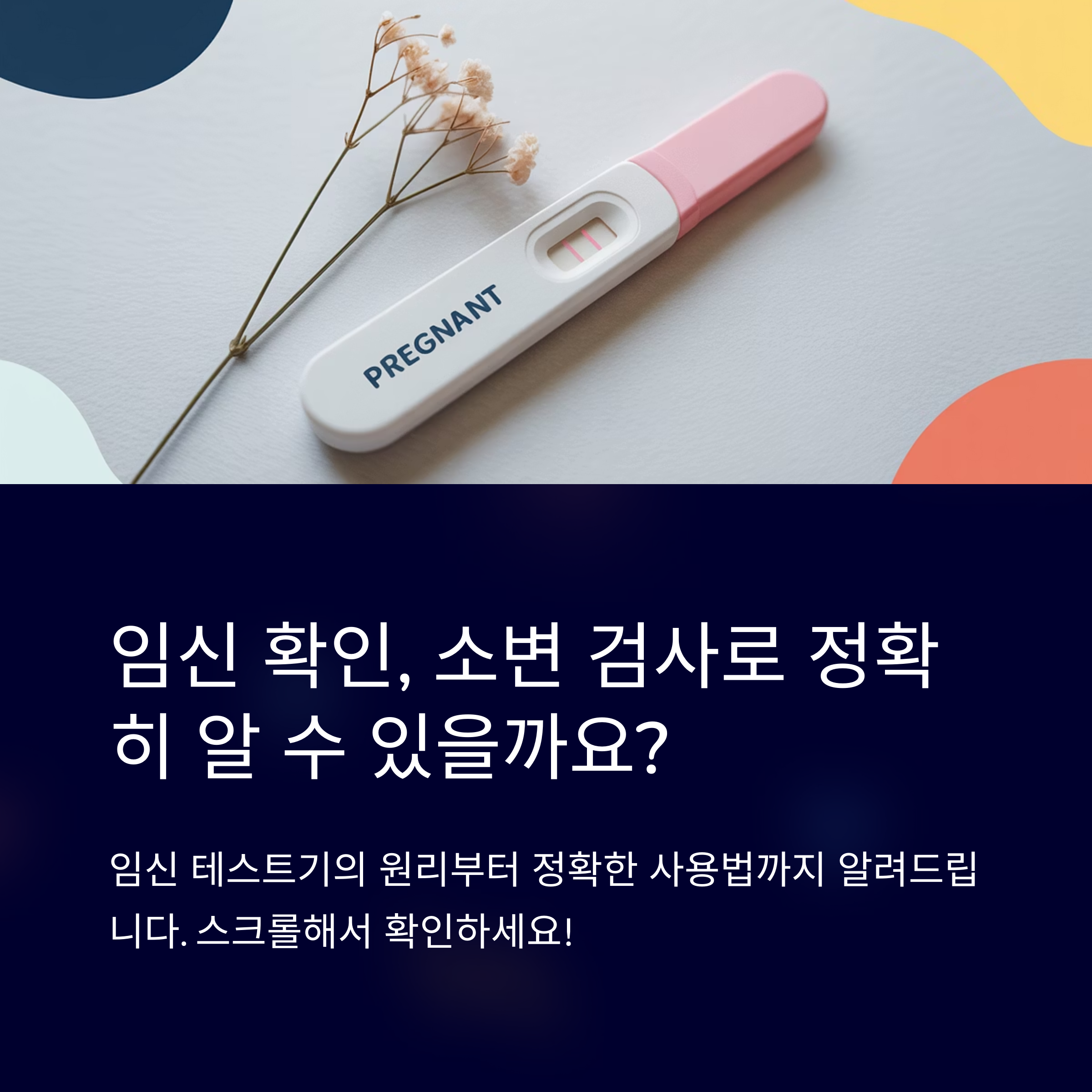 두 줄이 표시된 임신 테스트기와 함께 "임신 확인, 소변 검사로 정확히 알 수 있을까요?"라는 문구가 있는 안내 이미지