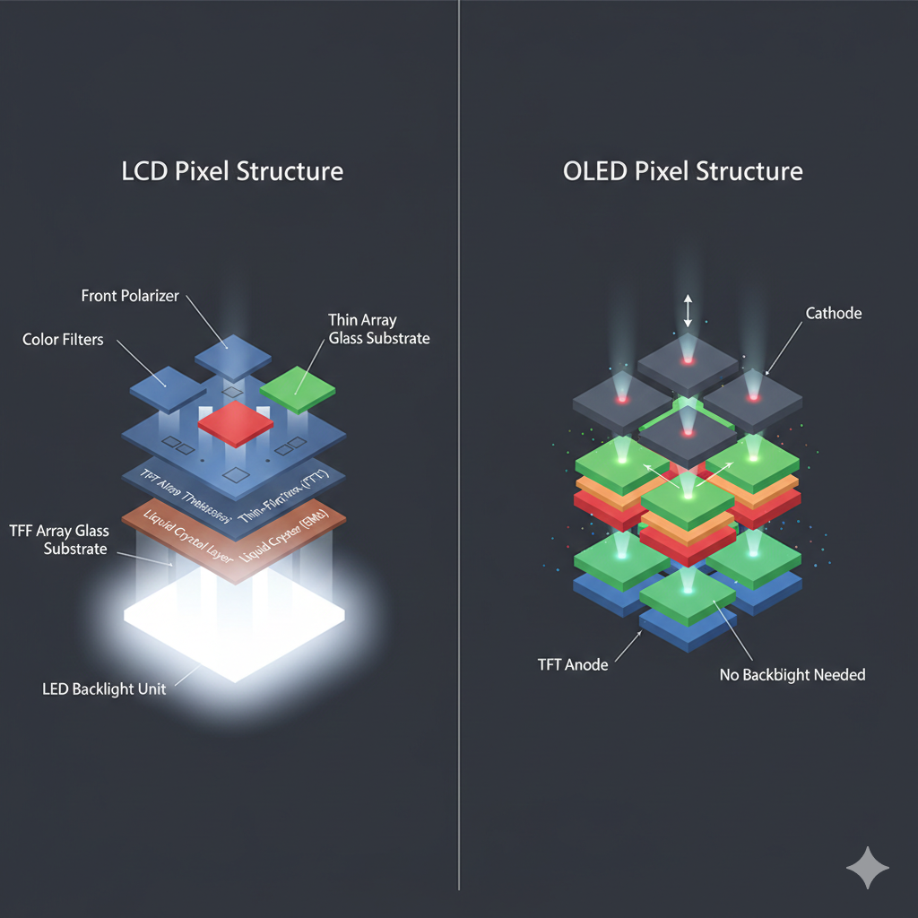 LCD 백라이트 구조와 OLED 자발광 소자의 층별 구조 비교 단면도