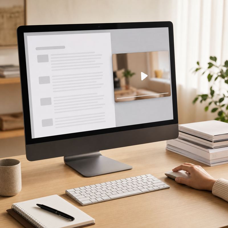 업무 문서 옆에 유튜브 미니플레이어를 띄우고 참고 영상을 보는 데스크톱 화면