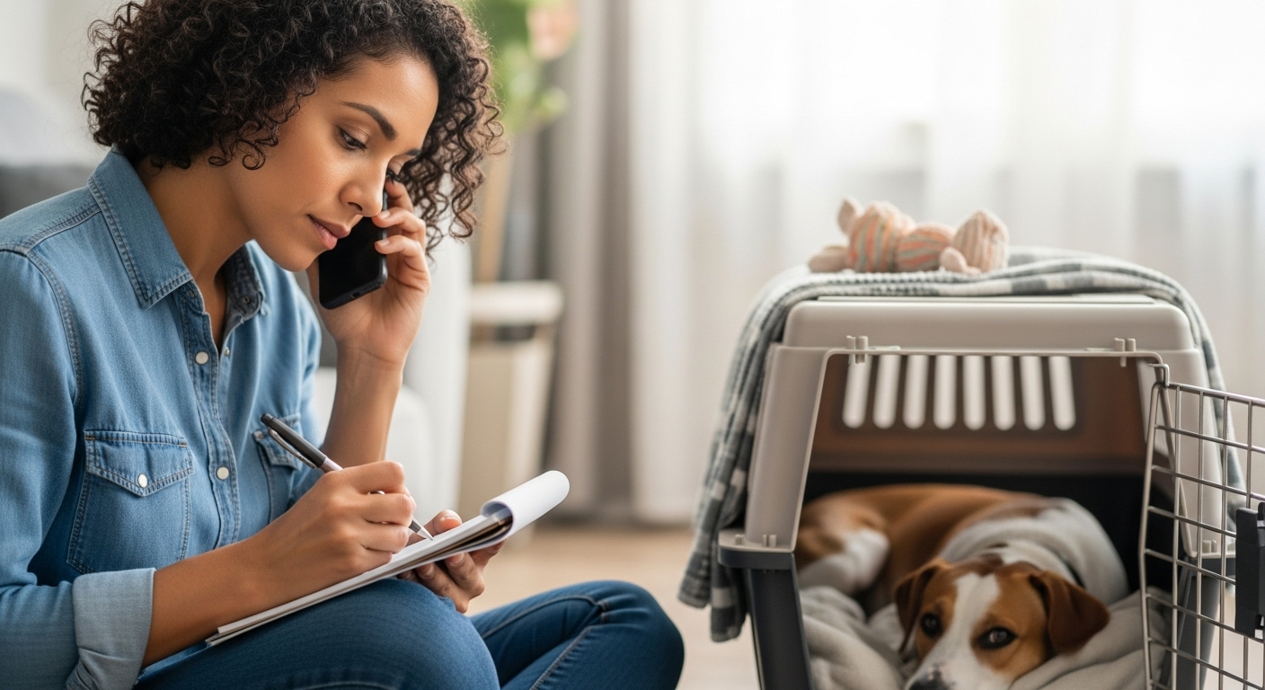 동물병원에 전화하며 침착하게 응급 상황에 대처하는 보호자.