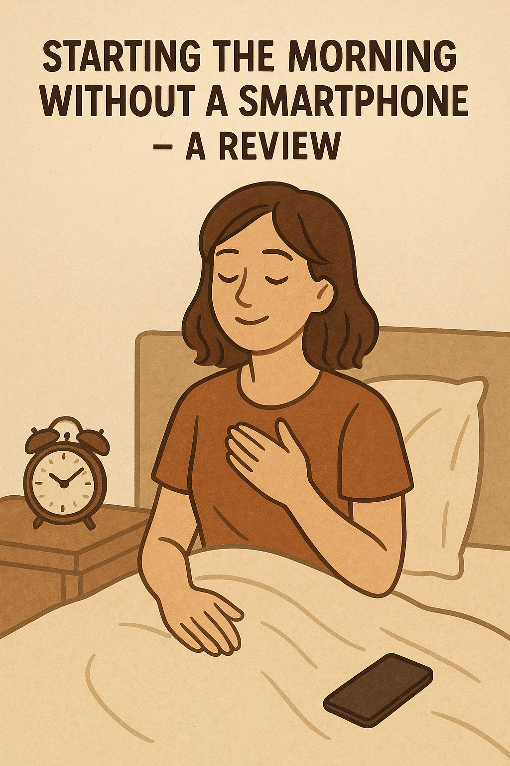 침대에 앉아 손을 가슴에 얹고 평온하게 눈을 감고 있는 여성이 있다. 침대 옆 탁자에는 아날로그 자명종 시계가 놓여 있고, 이불 위에는 스마트폰이 뒤집힌 채 놓여 있다. 상단에는 “STARTING THE MORNING WITHOUT A SMARTPHONE – A REVIEW”라는 문구가 있다.