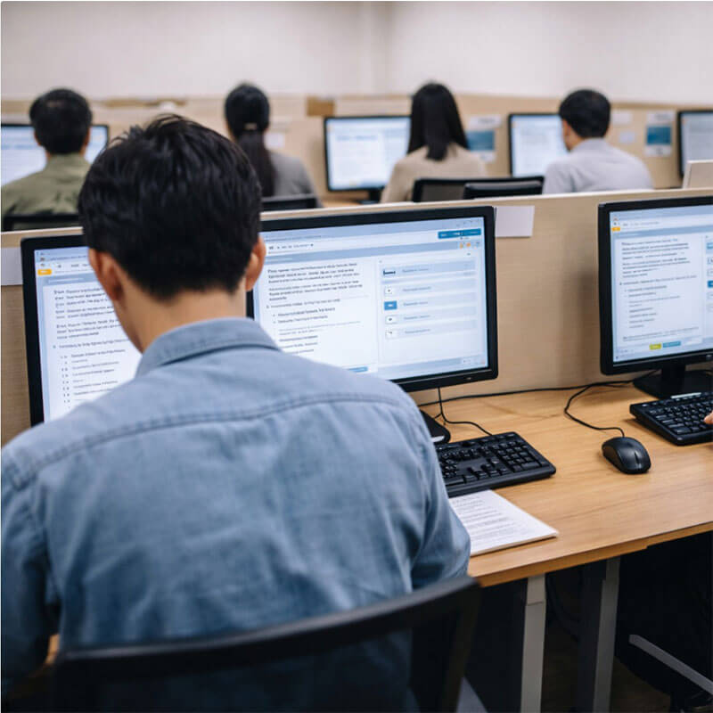 자격증 시험장에서 컴퓨터 시험을 치르고 있는 응시자들의 모습