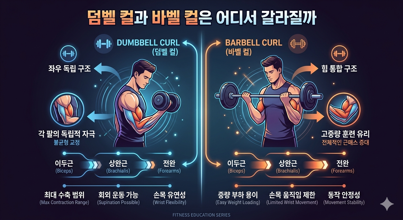 덤벨 컬과 바벨 컬은 어디서 갈라질까