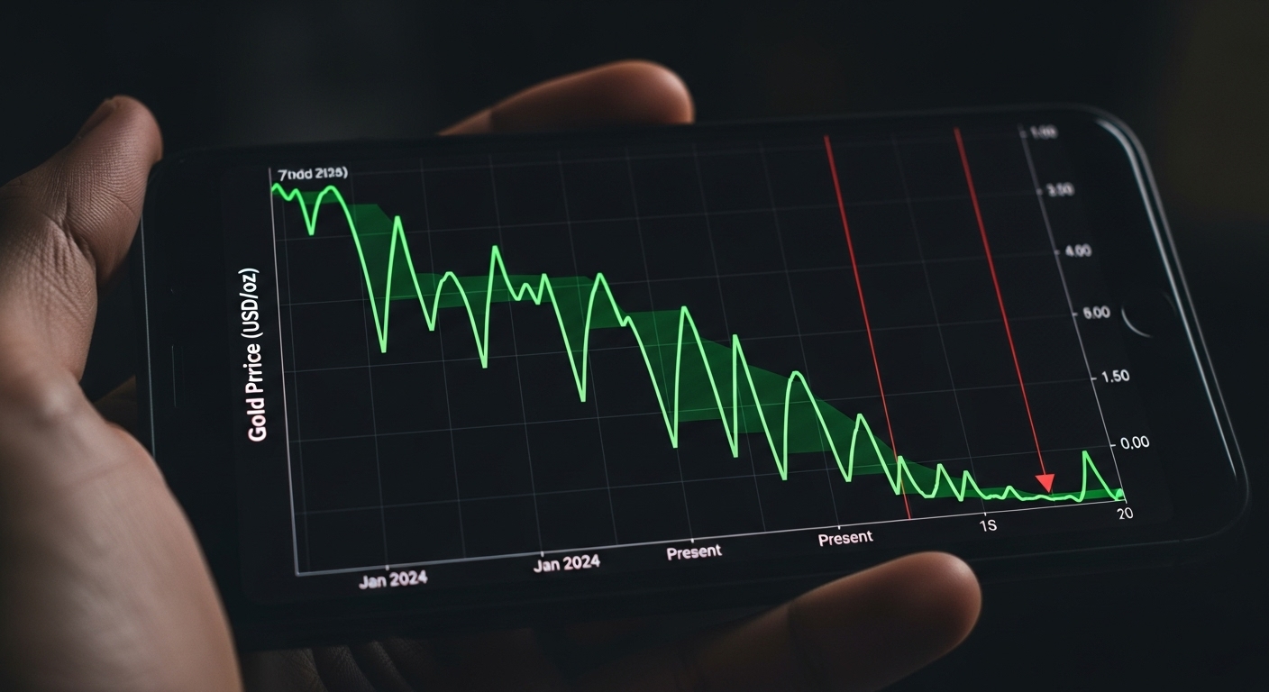롤러코스터처럼 급락하는 금 시세 그래프와 당황한 투자자의 손
