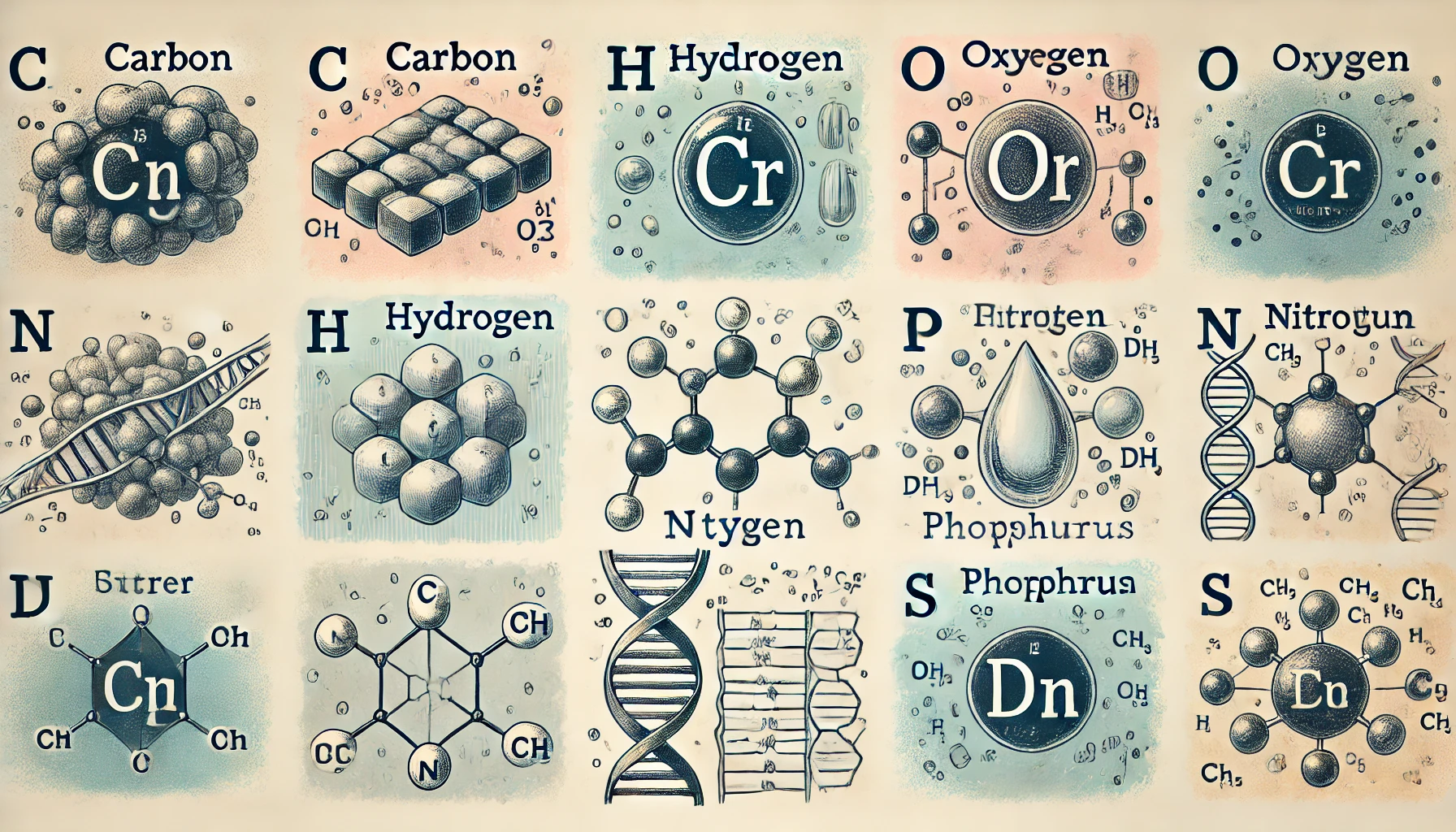 탄소(C), 수소(H), 산소(O), 질소(N), 인(P), 황(S) 원소를 강조한 과학적인 일러스트레이션.