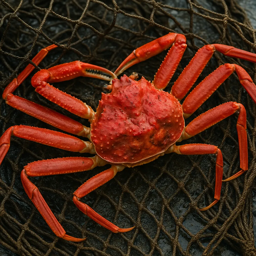 어망에 걸린 붉은대게의 생생한 모습