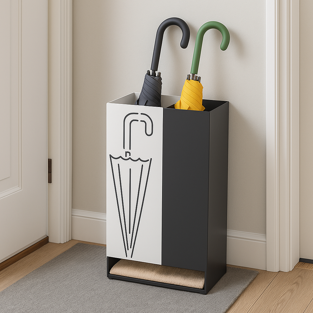 현관에 우산 거치대가 놓여 있고, 그 아래 수건이 깔려 있어 물기 흡수를 돕는 모습