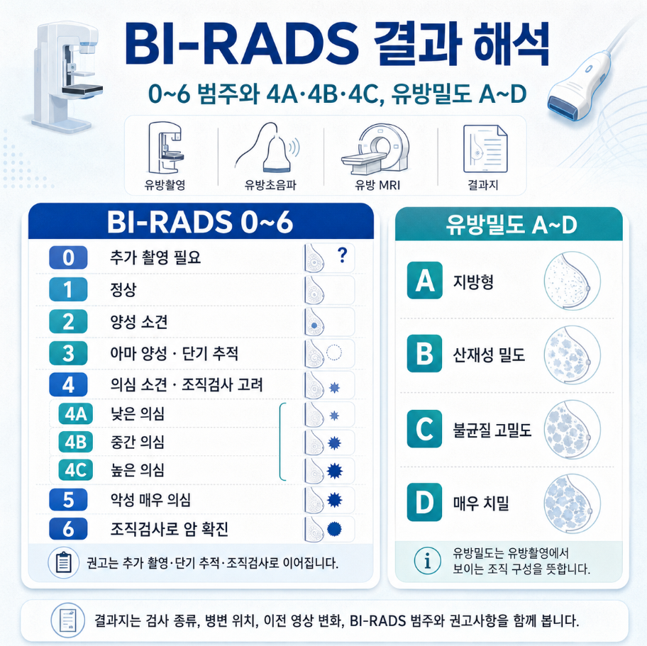 BI-RADS 0~6 범주와 4A·4B·4C 악성 가능성 및 유방밀도 A~D 결과 해석