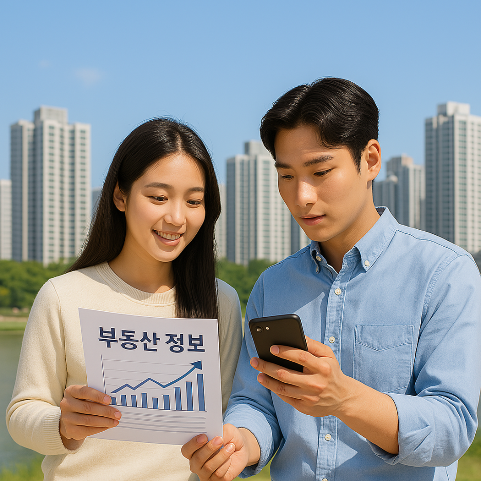 부동산 정보지를 보며 이야기 나누는 사진