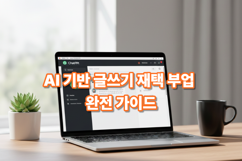 AI 글쓰기 재택 부업을 상징하는 노트북과 AI 도구 작업 화면