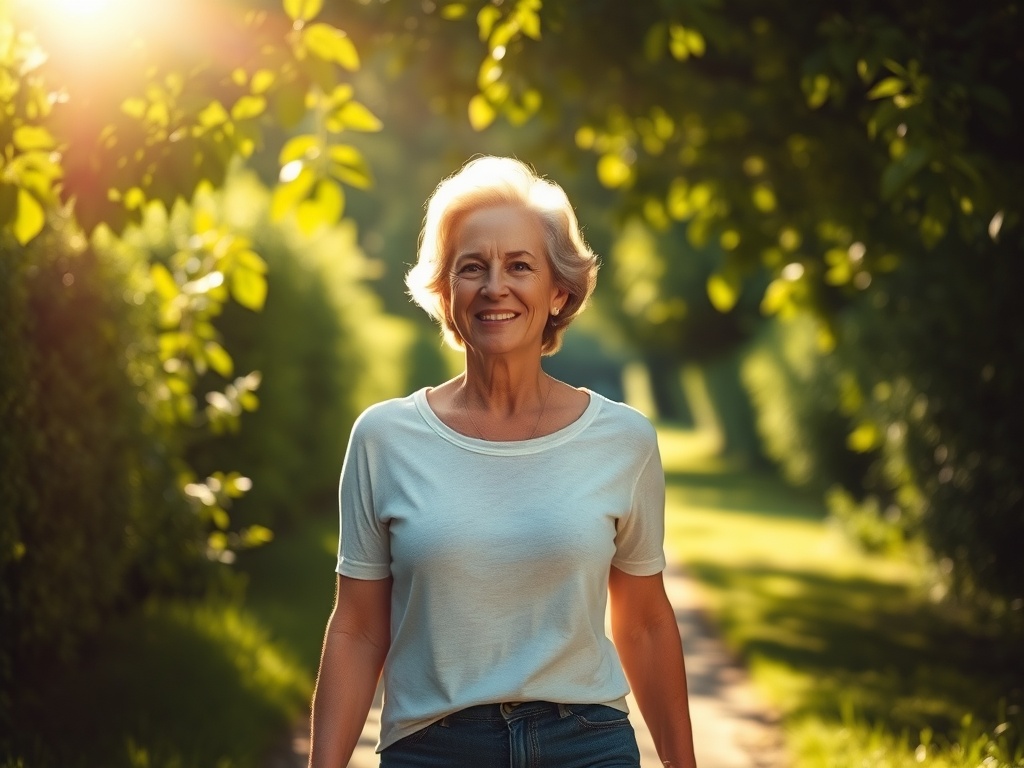 햇빛을 받으며 산책을 하는 여성의 모습