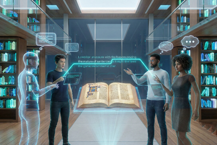 가상 도서관에서 홀로그램 책으로 토론하는 아바타들