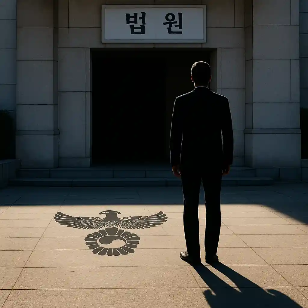 법원 앞에 서 있는 대통령 당선인의 실루엣, 바닥에는 대통령 휘장 형태의 그림자