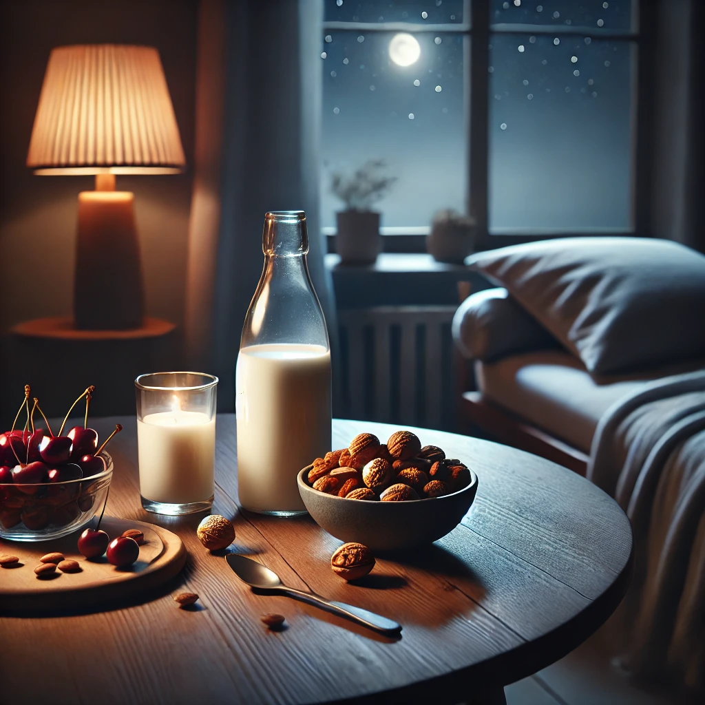 자연스러운 멜라토닌 촉진하는 간식: 따뜻한 우유,호두,체리