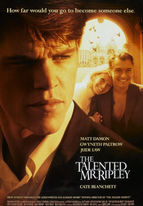 the talented mr ripley 영화 포스터, 맷 데이먼 주연의 리플리 영화 공식 포스터 이미지, 1999년 스릴러 영화 재능 있는 리플리 미스터 포스터, 맷 데이먼&middot;주드 로&middot;기네스 팰트로 출연 명작 범죄 드라마 영화 포스터