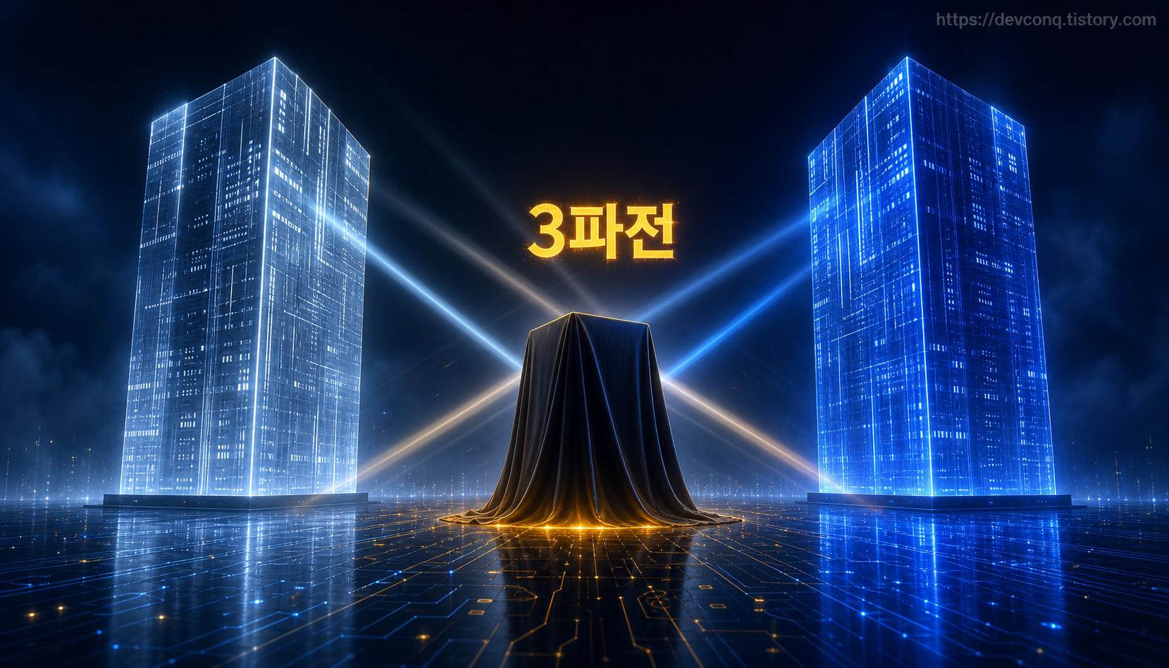 세 개의 유리 기둥이 대치하는 AI 3파전 구도, 하나는 베일에 덮인 장면