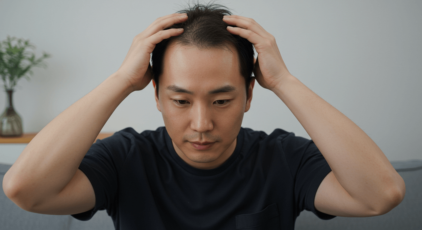 정수리 부위를 두 손으로 마사지하며 탈모 관리를 실천하는 30대 한국 남성의 모습