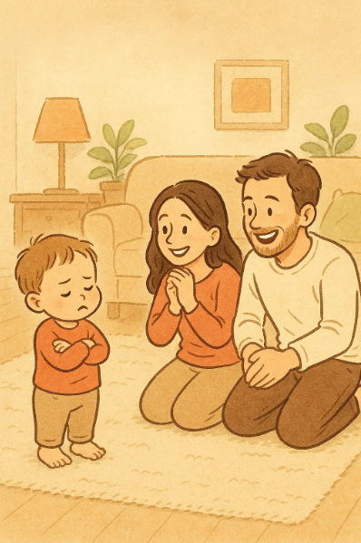 거절 표현 중인 아기와 차분하게 반응하는 부모의 모습