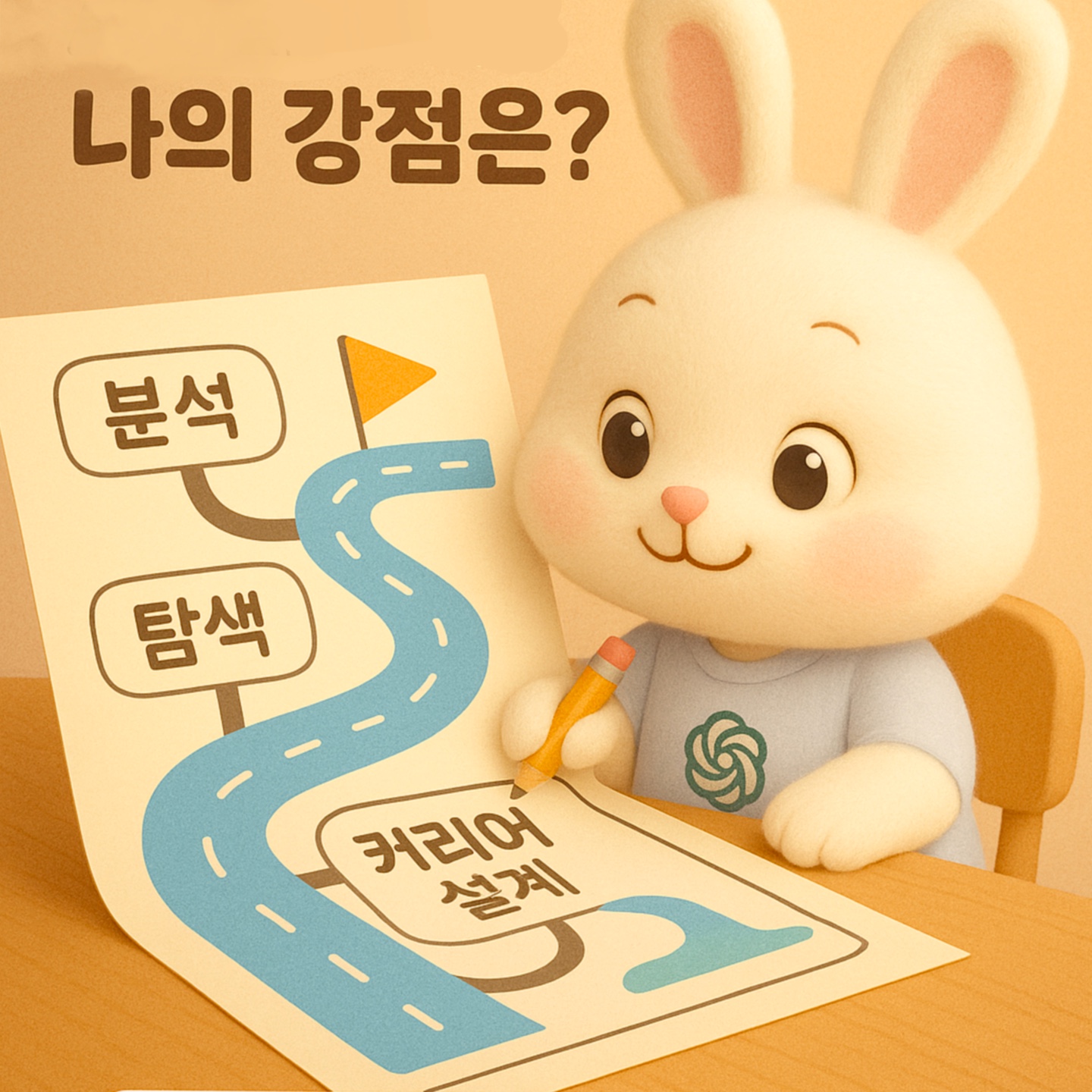 나의 강점을 분석하며 AI로 로드맵을 그리는 토끼 캐릭터