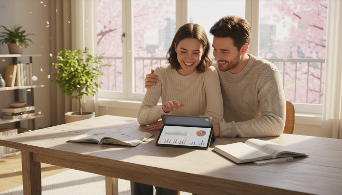 2026년 청약통장 혜택 확대를 반기며 미래를 설계하는 젊은 부부의 따뜻한 모습