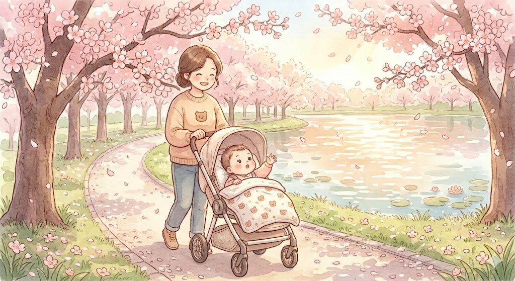 A mother pushing a stroller along a flat lakeside path lined with blooming cherry blossom trees, with petals gently falling in the warm spring sunlight.