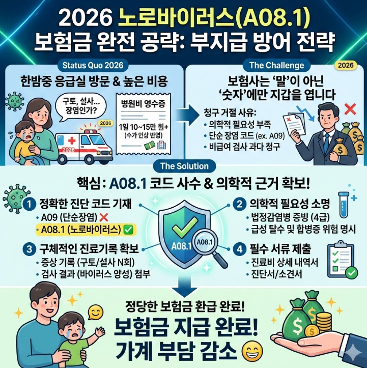 2026 노로바이러스(A08.1) 응급실 방문 시 보험금 청구를 위한 핵심 전략 요약 인포그래픽