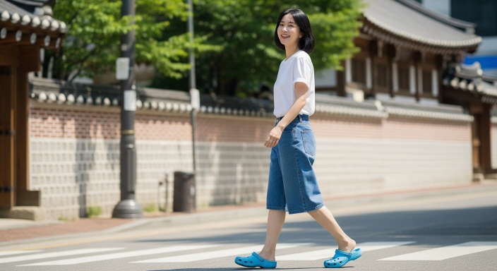 한국 여성의 크록스 착용 모습, 웃으며 걷는 장면