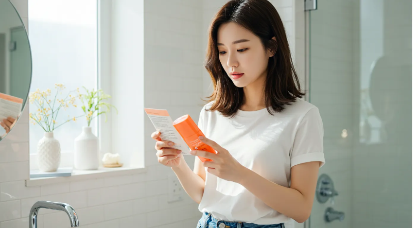 선크림 제품 설명을 보고 있는 여성 이미지