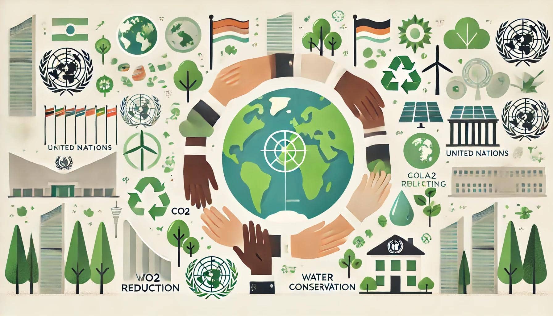 기후 변화 대응을 위한 국제 협력을 상징적으로 표현한 미니멀한 일러스트. 지구를 중심으로 다양한 인종의 손이 원을 이루고 있으며, 주변에는 풍력 터빈, 태양광 패널, 녹색 도시가 배치되어 있다. 배경에는 유엔 건물과 CO2 감축, 나무 심기, 물 보존 등의 아이콘이 조화롭게 나타나 있다.