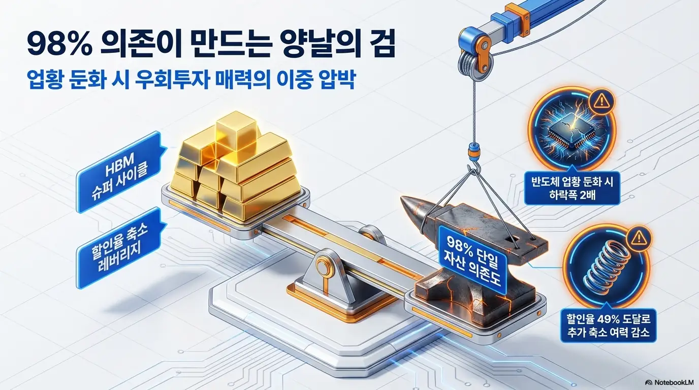 SK스퀘어 주가 전망: SK스퀘어 리스크를 양팔 저울로 표현한 이미지. HBM 슈퍼사이클과 할인율 축소 레버리지라는 강점 반대편에, 순자산가치 98%가 SK하이닉스에 쏠린 단일 자산 의존도가 놓여 반도체 업황 둔화 시 하락폭이 2배로 커질 수 있는 양날의 검 구조를 설명함