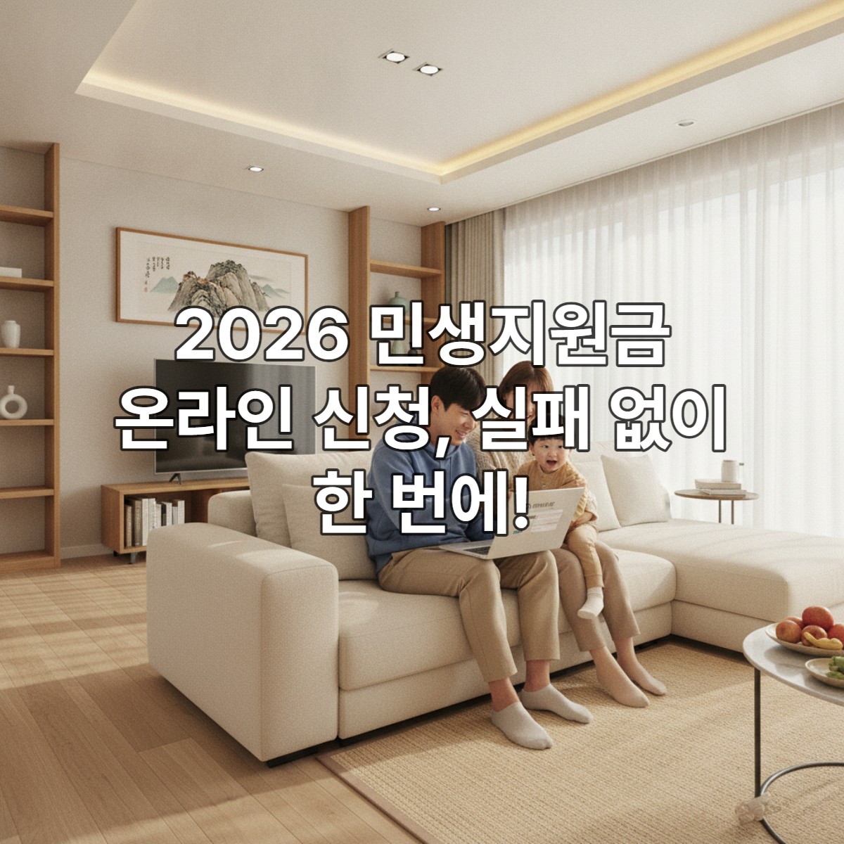 2026 민생지원금을 온라인으로 신청하며 행복해하는 한국인 가족의 모습.